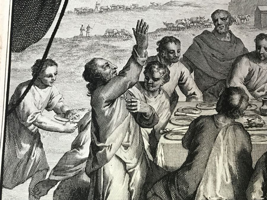 Pair Of Antique Prints Engravings: (1) Engraver Mulder, Artist G. Hoet, Title Efau Ran To Meet Jacob And Fell On His Neck And Killed Him; (2) Engraver J. Van Vianen, Artist G. Hoet, Title Laban And Jacob Make A Covenant Together [Photo 32]