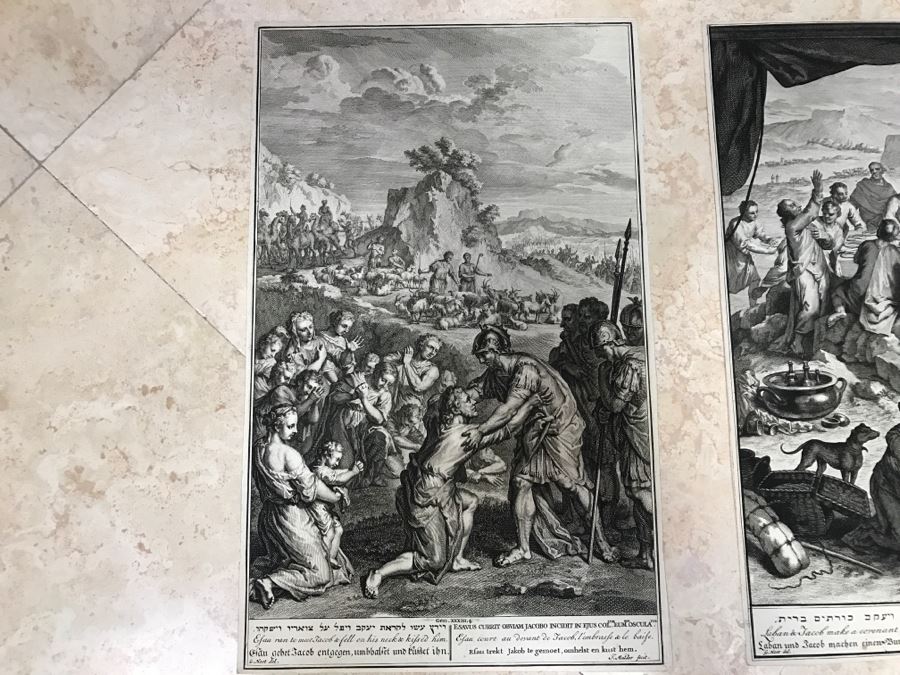 Pair Of Antique Prints Engravings: (1) Engraver Mulder, Artist G. Hoet, Title Efau Ran To Meet Jacob And Fell On His Neck And Killed Him; (2) Engraver J. Van Vianen, Artist G. Hoet, Title Laban And Jacob Make A Covenant Together [Photo 2]
