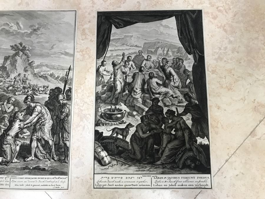 Pair Of Antique Prints Engravings: (1) Engraver Mulder, Artist G. Hoet, Title Efau Ran To Meet Jacob And Fell On His Neck And Killed Him; (2) Engraver J. Van Vianen, Artist G. Hoet, Title Laban And Jacob Make A Covenant Together [Photo 23]