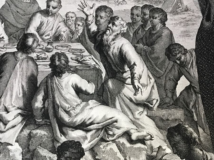 Pair Of Antique Prints Engravings: (1) Engraver Mulder, Artist G. Hoet, Title Efau Ran To Meet Jacob And Fell On His Neck And Killed Him; (2) Engraver J. Van Vianen, Artist G. Hoet, Title Laban And Jacob Make A Covenant Together [Photo 34]