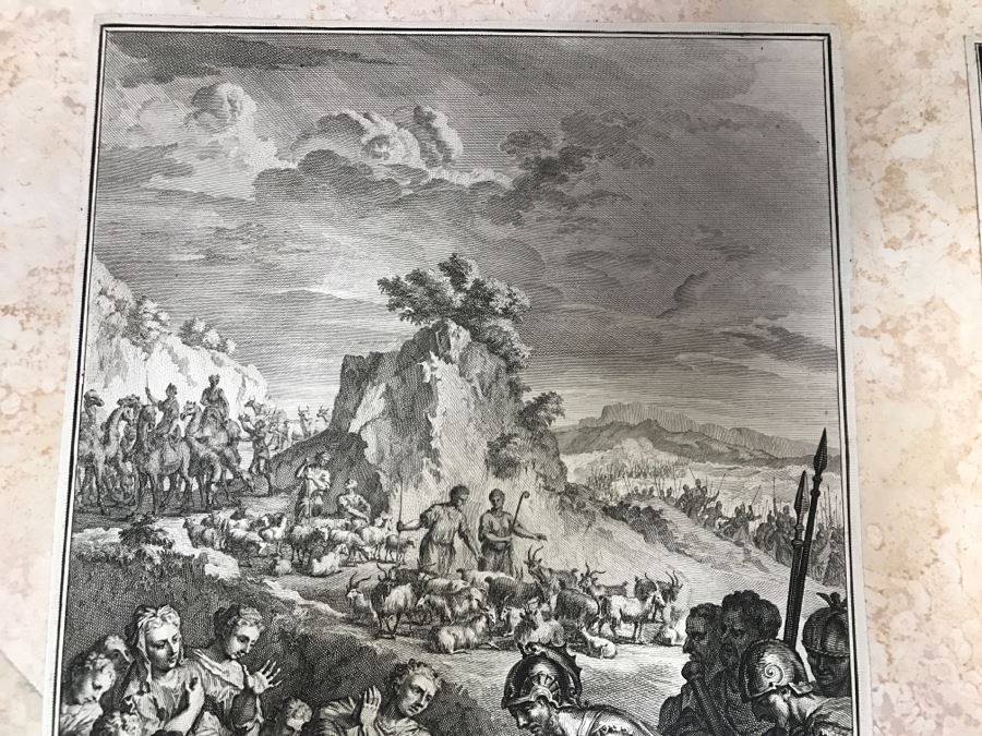 Pair Of Antique Prints Engravings: (1) Engraver Mulder, Artist G. Hoet, Title Efau Ran To Meet Jacob And Fell On His Neck And Killed Him; (2) Engraver J. Van Vianen, Artist G. Hoet, Title Laban And Jacob Make A Covenant Together [Photo 4]