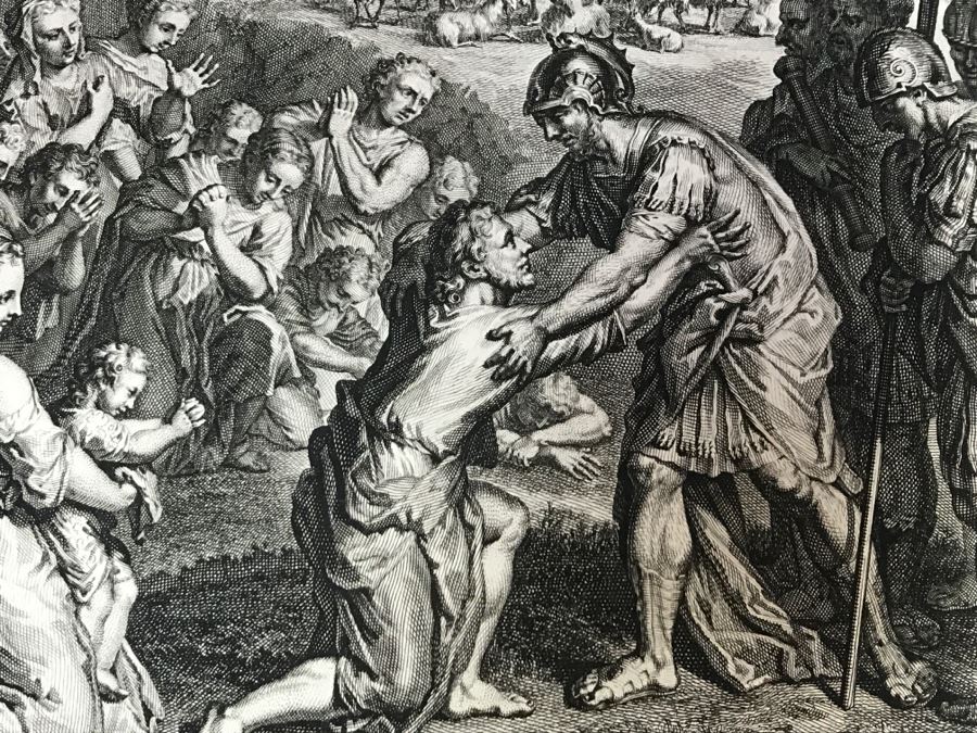 Pair Of Antique Prints Engravings: (1) Engraver Mulder, Artist G. Hoet, Title Efau Ran To Meet Jacob And Fell On His Neck And Killed Him; (2) Engraver J. Van Vianen, Artist G. Hoet, Title Laban And Jacob Make A Covenant Together [Photo 13]