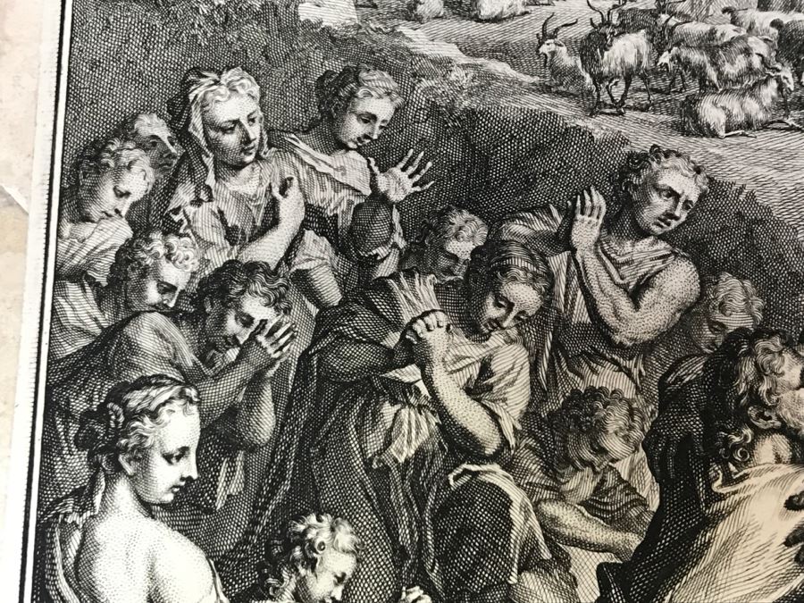 Pair Of Antique Prints Engravings: (1) Engraver Mulder, Artist G. Hoet, Title Efau Ran To Meet Jacob And Fell On His Neck And Killed Him; (2) Engraver J. Van Vianen, Artist G. Hoet, Title Laban And Jacob Make A Covenant Together [Photo 11]