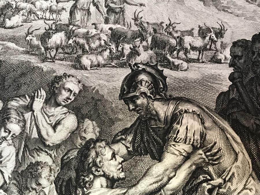 Pair Of Antique Prints Engravings: (1) Engraver Mulder, Artist G. Hoet, Title Efau Ran To Meet Jacob And Fell On His Neck And Killed Him; (2) Engraver J. Van Vianen, Artist G. Hoet, Title Laban And Jacob Make A Covenant Together [Photo 10]