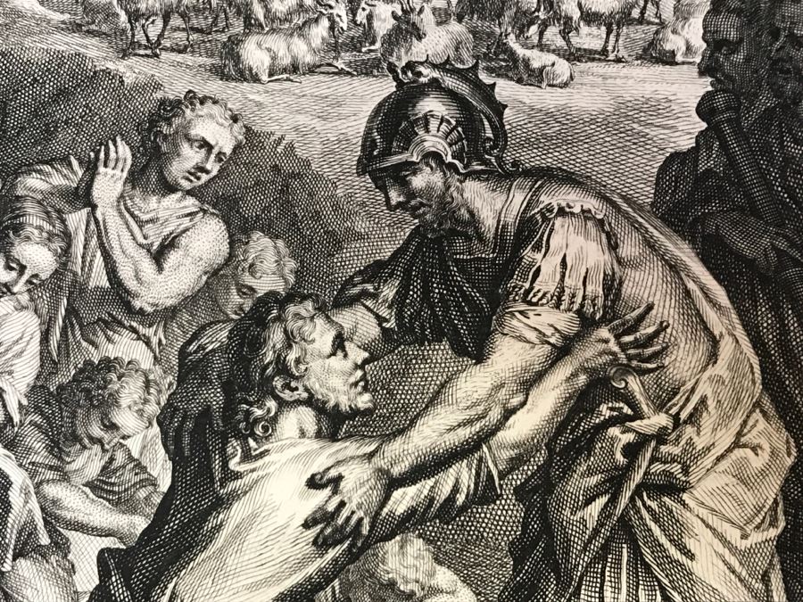 Pair Of Antique Prints Engravings: (1) Engraver Mulder, Artist G. Hoet, Title Efau Ran To Meet Jacob And Fell On His Neck And Killed Him; (2) Engraver J. Van Vianen, Artist G. Hoet, Title Laban And Jacob Make A Covenant Together [Photo 14]
