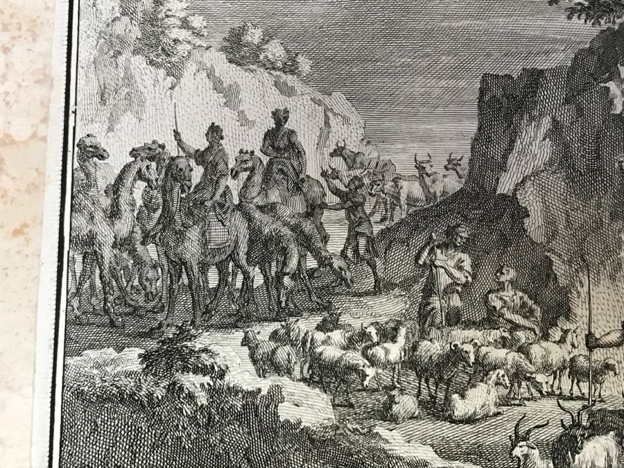 Pair Of Antique Prints Engravings: (1) Engraver Mulder, Artist G. Hoet, Title Efau Ran To Meet Jacob And Fell On His Neck And Killed Him; (2) Engraver J. Van Vianen, Artist G. Hoet, Title Laban And Jacob Make A Covenant Together [Photo 5]