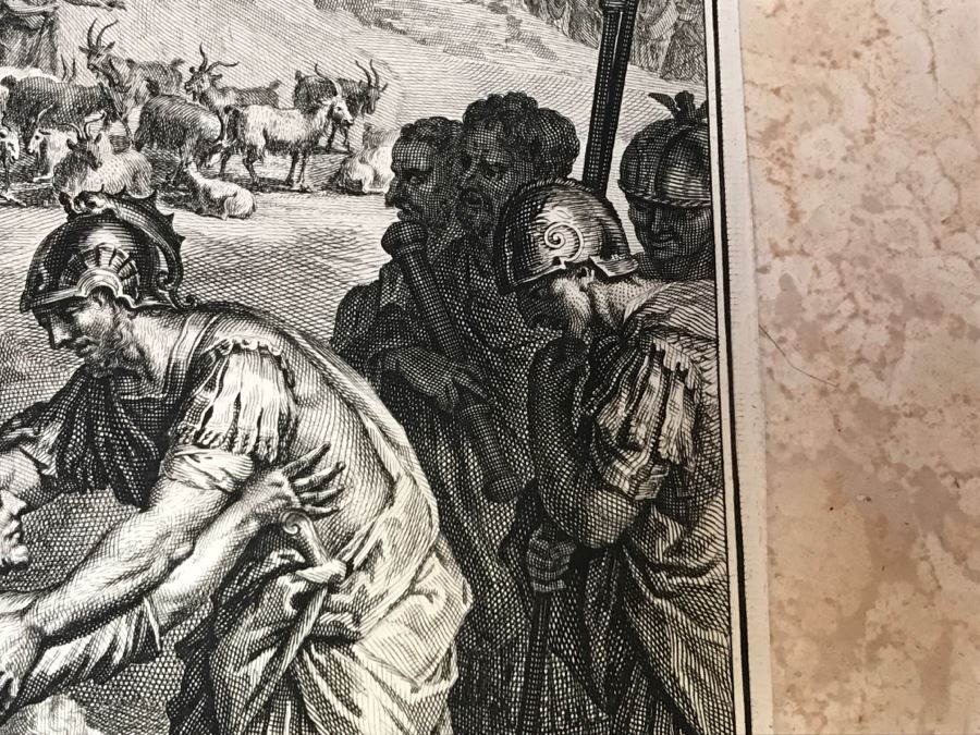 Pair Of Antique Prints Engravings: (1) Engraver Mulder, Artist G. Hoet, Title Efau Ran To Meet Jacob And Fell On His Neck And Killed Him; (2) Engraver J. Van Vianen, Artist G. Hoet, Title Laban And Jacob Make A Covenant Together [Photo 15]