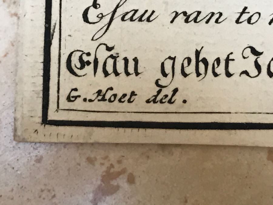 Pair Of Antique Prints Engravings: (1) Engraver Mulder, Artist G. Hoet, Title Efau Ran To Meet Jacob And Fell On His Neck And Killed Him; (2) Engraver J. Van Vianen, Artist G. Hoet, Title Laban And Jacob Make A Covenant Together [Photo 20]