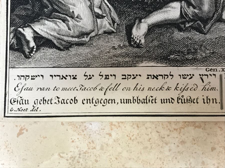 Pair Of Antique Prints Engravings: (1) Engraver Mulder, Artist G. Hoet, Title Efau Ran To Meet Jacob And Fell On His Neck And Killed Him; (2) Engraver J. Van Vianen, Artist G. Hoet, Title Laban And Jacob Make A Covenant Together [Photo 22]