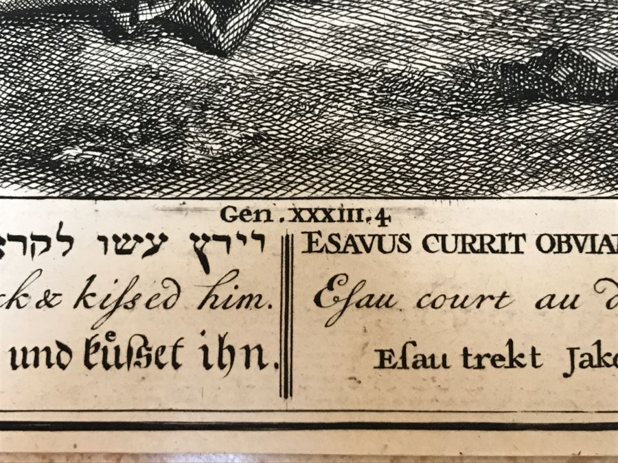 Pair Of Antique Prints Engravings: (1) Engraver Mulder, Artist G. Hoet, Title Efau Ran To Meet Jacob And Fell On His Neck And Killed Him; (2) Engraver J. Van Vianen, Artist G. Hoet, Title Laban And Jacob Make A Covenant Together [Photo 17]