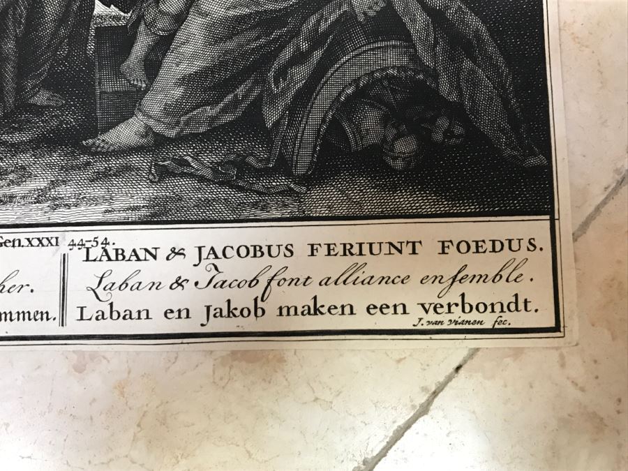 Pair Of Antique Prints Engravings: (1) Engraver Mulder, Artist G. Hoet, Title Efau Ran To Meet Jacob And Fell On His Neck And Killed Him; (2) Engraver J. Van Vianen, Artist G. Hoet, Title Laban And Jacob Make A Covenant Together [Photo 37]