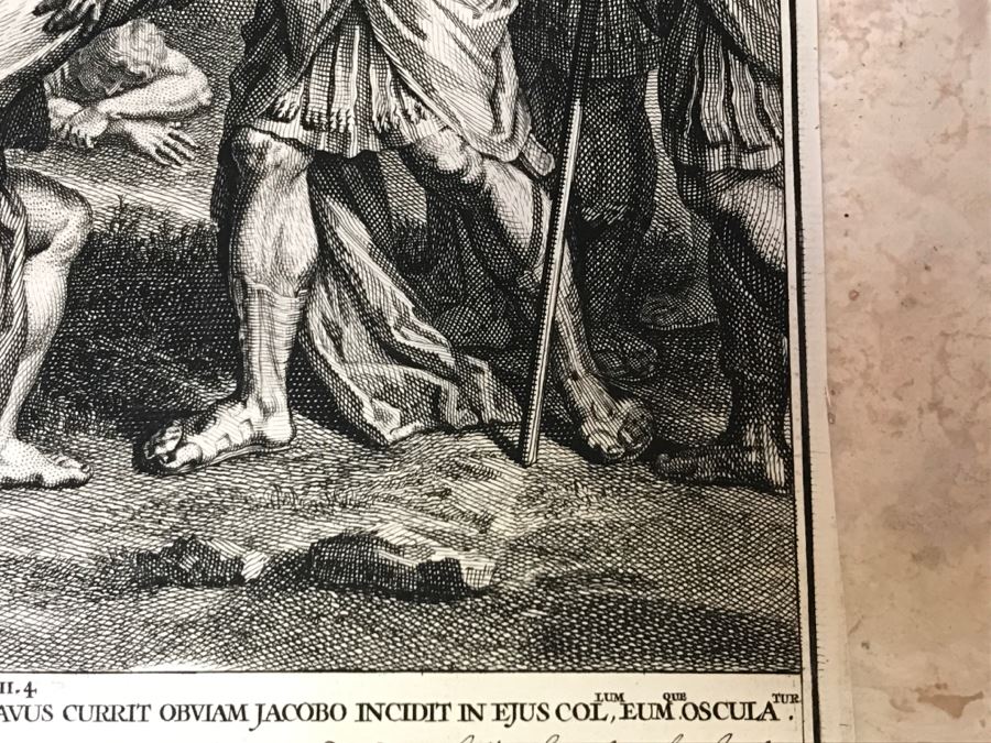 Pair Of Antique Prints Engravings: (1) Engraver Mulder, Artist G. Hoet, Title Efau Ran To Meet Jacob And Fell On His Neck And Killed Him; (2) Engraver J. Van Vianen, Artist G. Hoet, Title Laban And Jacob Make A Covenant Together [Photo 16]