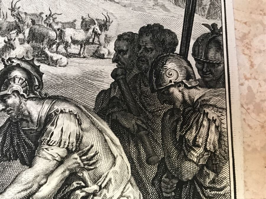 Pair Of Antique Prints Engravings: (1) Engraver Mulder, Artist G. Hoet, Title Efau Ran To Meet Jacob And Fell On His Neck And Killed Him; (2) Engraver J. Van Vianen, Artist G. Hoet, Title Laban And Jacob Make A Covenant Together [Photo 9]