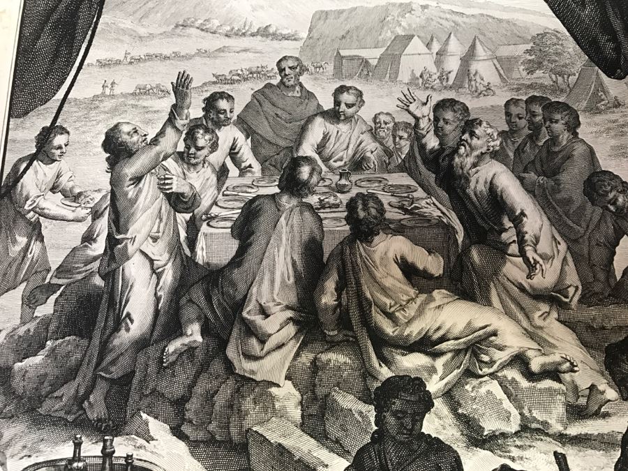 Pair Of Antique Prints Engravings: (1) Engraver Mulder, Artist G. Hoet, Title Efau Ran To Meet Jacob And Fell On His Neck And Killed Him; (2) Engraver J. Van Vianen, Artist G. Hoet, Title Laban And Jacob Make A Covenant Together [Photo 26]