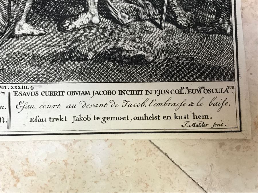 Pair Of Antique Prints Engravings: (1) Engraver Mulder, Artist G. Hoet, Title Efau Ran To Meet Jacob And Fell On His Neck And Killed Him; (2) Engraver J. Van Vianen, Artist G. Hoet, Title Laban And Jacob Make A Covenant Together [Photo 19]