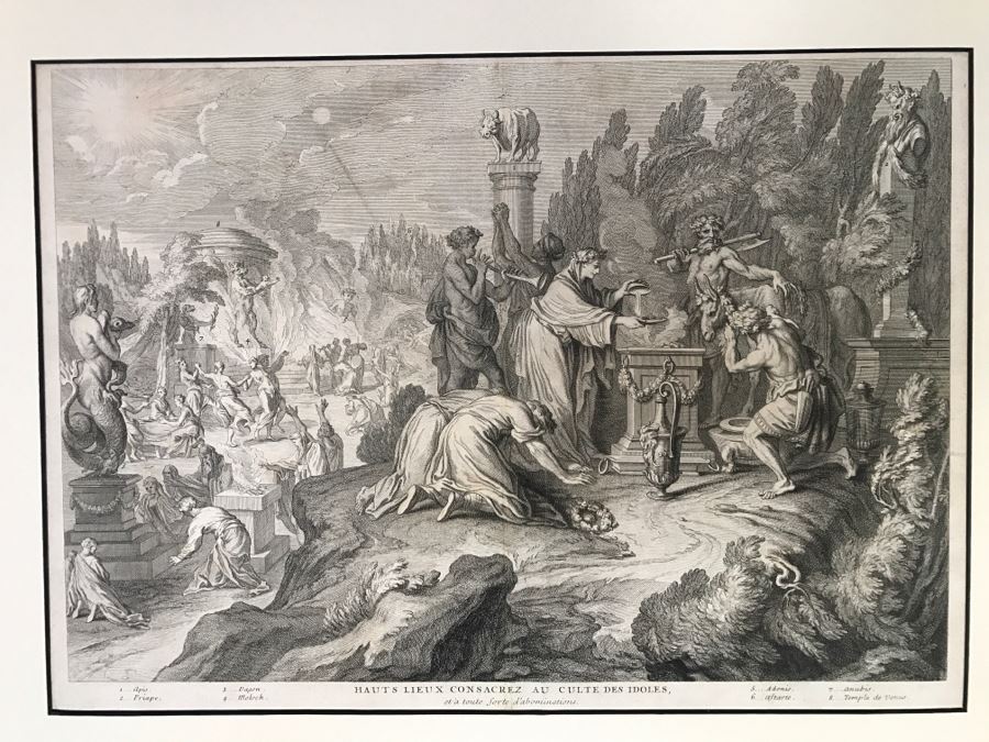 Antique 17th Century French Print Engraving Titled Hauts Lieux Consacrez Au Culte Des Idoles, Et A Toute Forte D'Abominations