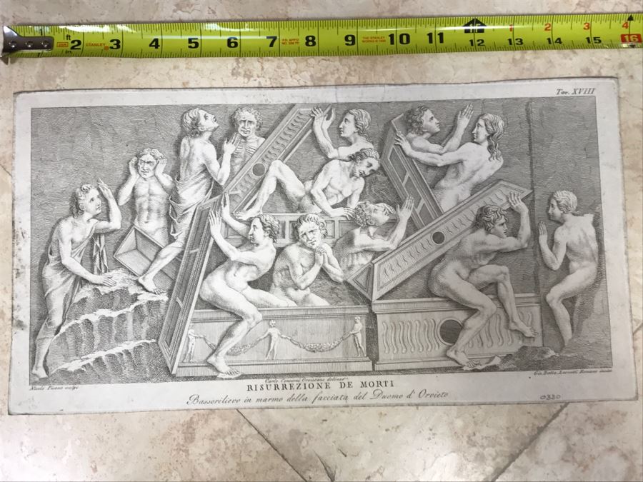 Antique Print Engraving Engraver Nicolo Pisano, Title Risurrezione De Morti, Leonetti Giovanni Battista, Cencioni Carlo
