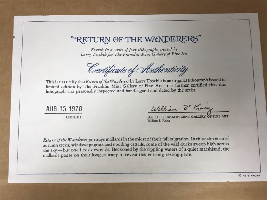 Vintage 1978 Limited Edition Lithograph By Larry Toschik Hand Signed Titled 'Return Of The Wanderers' Franklin Mint Gallery Ducks [Photo 8]