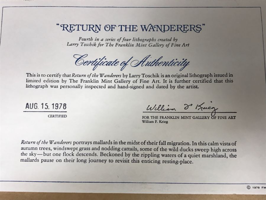 Vintage 1978 Limited Edition Lithograph By Larry Toschik Hand Signed Titled 'Return Of The Wanderers' Franklin Mint Gallery Ducks [Photo 9]