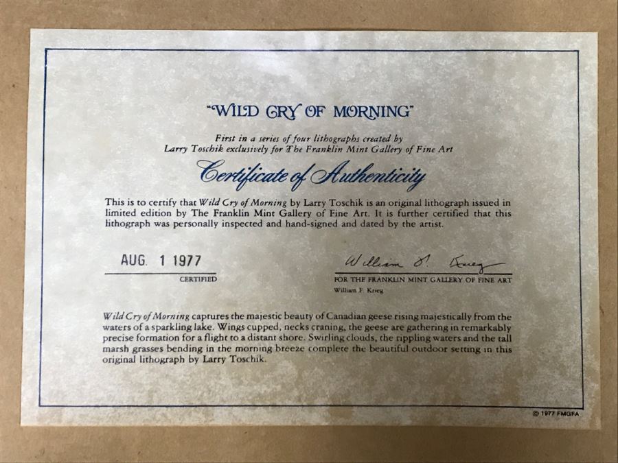 Vintage 1977 Limited Edition Lithograph By Larry Toschik Hand Signed Titled 'Wild Cry Of The Morning' Franklin Mint Gallery Ducks [Photo 11]