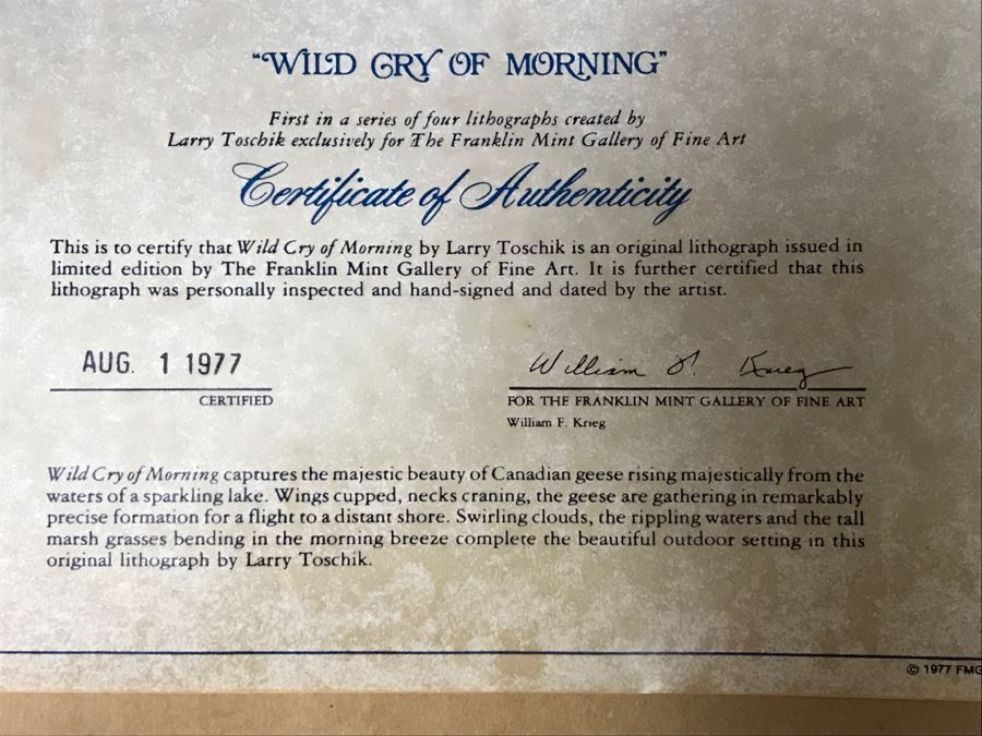 Vintage 1977 Limited Edition Lithograph By Larry Toschik Hand Signed Titled 'Wild Cry Of The Morning' Franklin Mint Gallery Ducks [Photo 12]