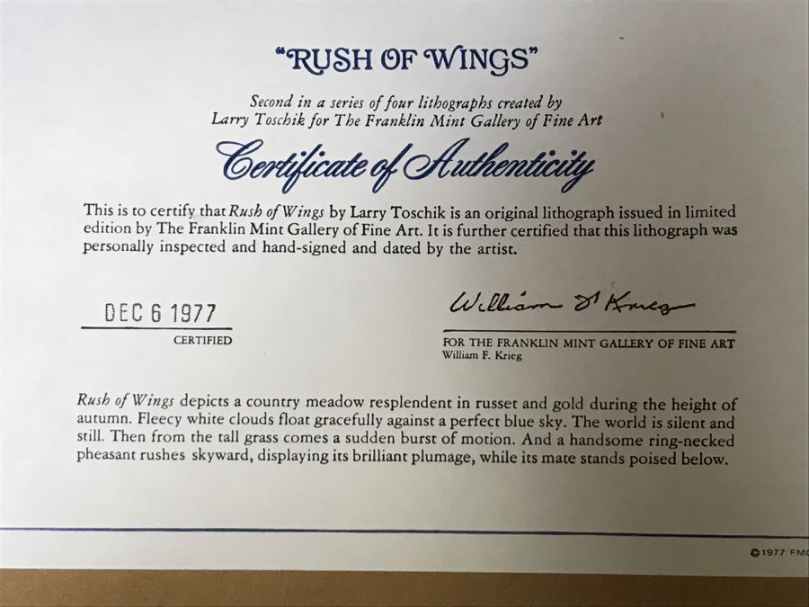 Vintage 1977 Limited Edition Lithograph By Larry Toschik Hand Signed Titled 'Rush Of Wings' Franklin Mint Gallery Pheasants [Photo 12]