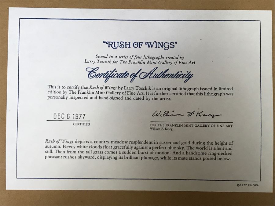 Vintage 1977 Limited Edition Lithograph By Larry Toschik Hand Signed Titled 'Rush Of Wings' Franklin Mint Gallery Pheasants [Photo 11]