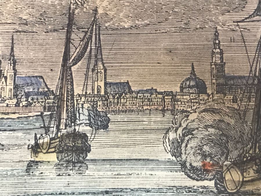 JUST ADDED - Framed Antique Print Engraving Of Ships In Harbor Ediz [Photo 9]