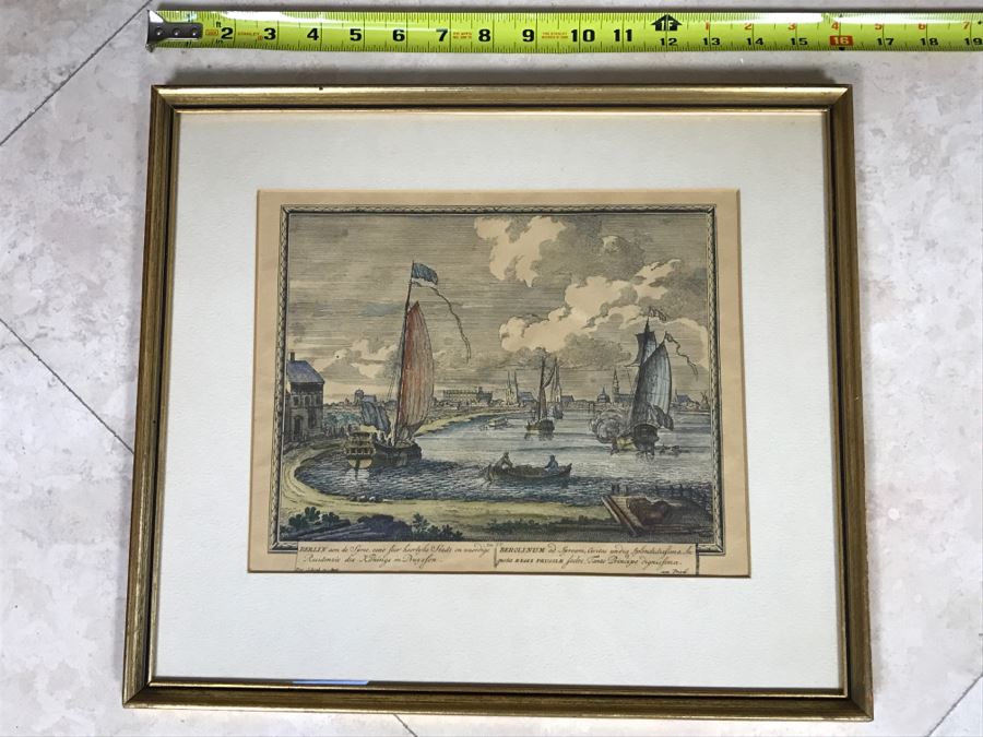 JUST ADDED - Framed Antique Print Engraving Of Ships In Harbor Ediz