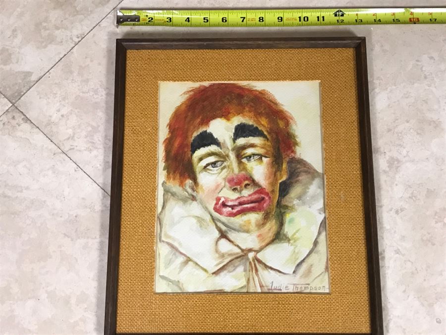 Sad Clown Watercolor Painting Signed Ludie/Judie Thompson In Mid Century Frame [Photo 2]