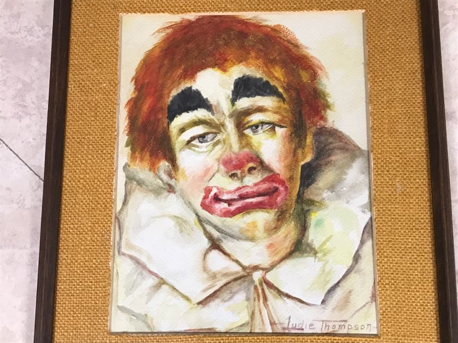Sad Clown Watercolor Painting Signed Ludie/Judie Thompson In Mid Century Frame [Photo 1]