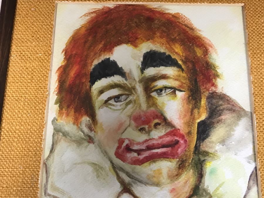 Sad Clown Watercolor Painting Signed Ludie/Judie Thompson In Mid Century Frame [Photo 3]