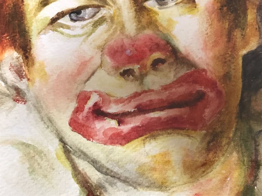 Sad Clown Watercolor Painting Signed Ludie/Judie Thompson In Mid Century Frame [Photo 5]
