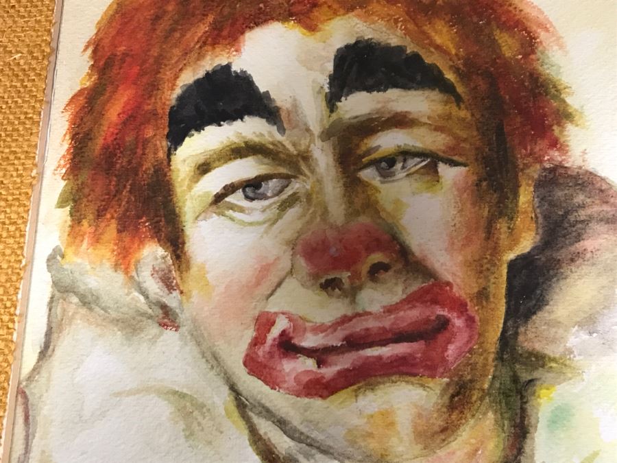 Sad Clown Watercolor Painting Signed Ludie/Judie Thompson In Mid Century Frame [Photo 4]