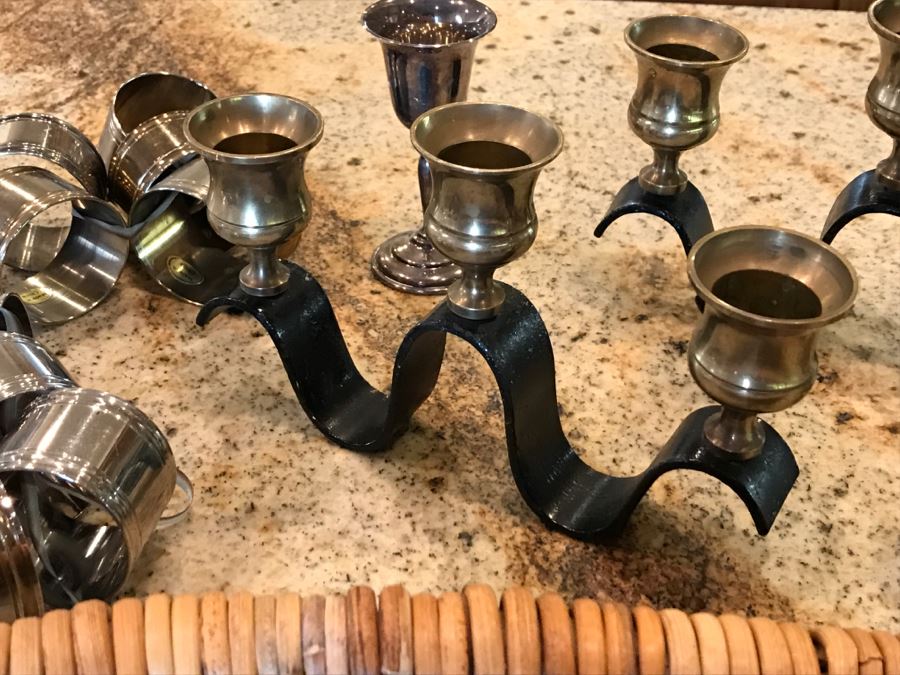 Stainless And Silverplate Flatware With Basket, Various Napkin Rings And Pair Of 3-Tier Candleabras [Photo 10]