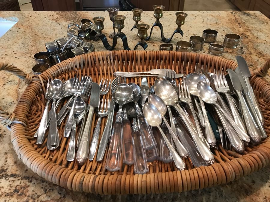 Stainless And Silverplate Flatware With Basket, Various Napkin Rings And Pair Of 3-Tier Candleabras [Photo 3]