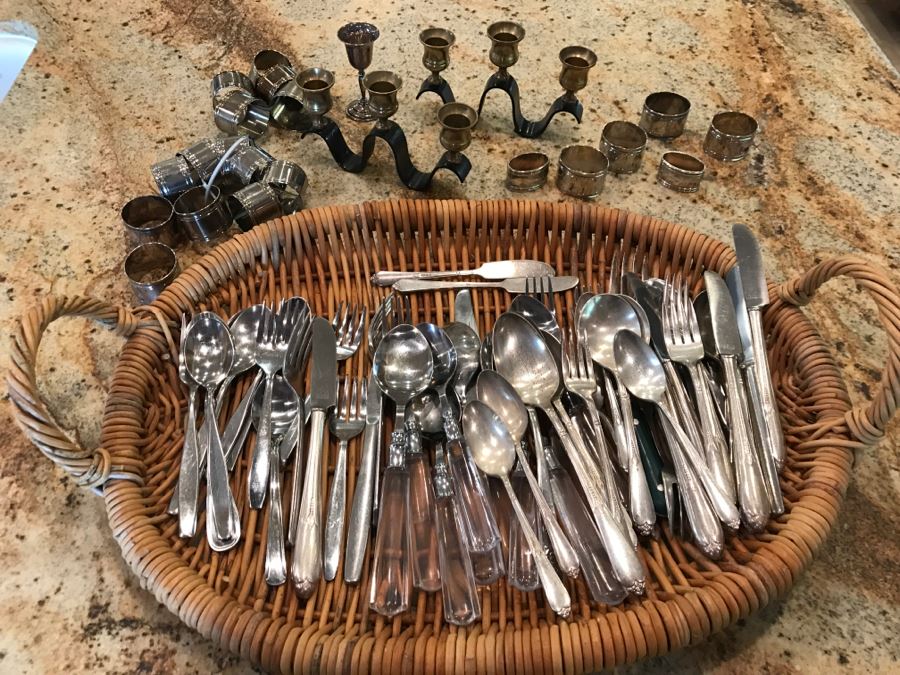 Stainless And Silverplate Flatware With Basket, Various Napkin Rings And Pair Of 3-Tier Candleabras [Photo 1]