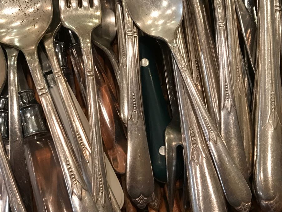 Stainless And Silverplate Flatware With Basket, Various Napkin Rings And Pair Of 3-Tier Candleabras [Photo 8]