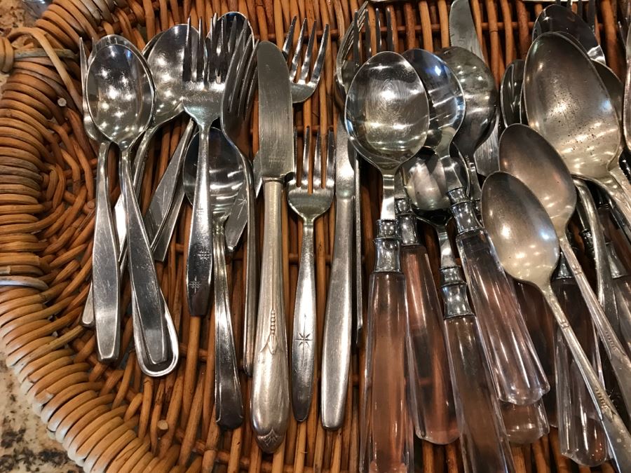 Stainless And Silverplate Flatware With Basket, Various Napkin Rings And Pair Of 3-Tier Candleabras [Photo 6]