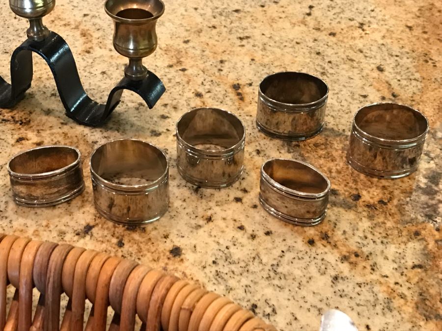 Stainless And Silverplate Flatware With Basket, Various Napkin Rings And Pair Of 3-Tier Candleabras [Photo 13]