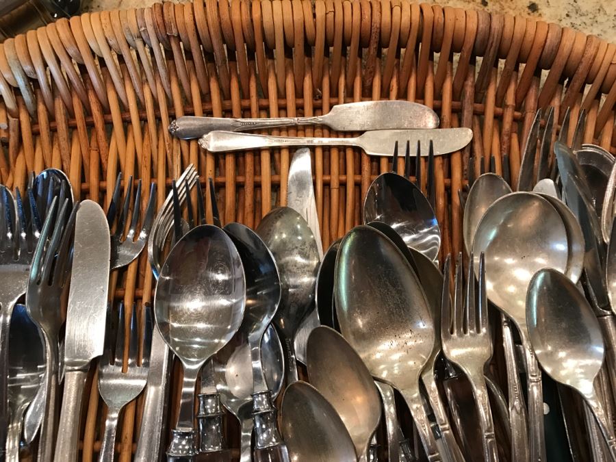 Stainless And Silverplate Flatware With Basket, Various Napkin Rings And Pair Of 3-Tier Candleabras [Photo 5]