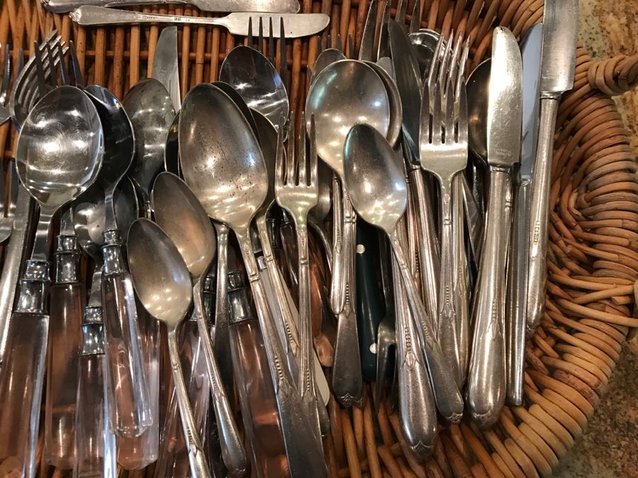 Stainless And Silverplate Flatware With Basket, Various Napkin Rings And Pair Of 3-Tier Candleabras [Photo 4]
