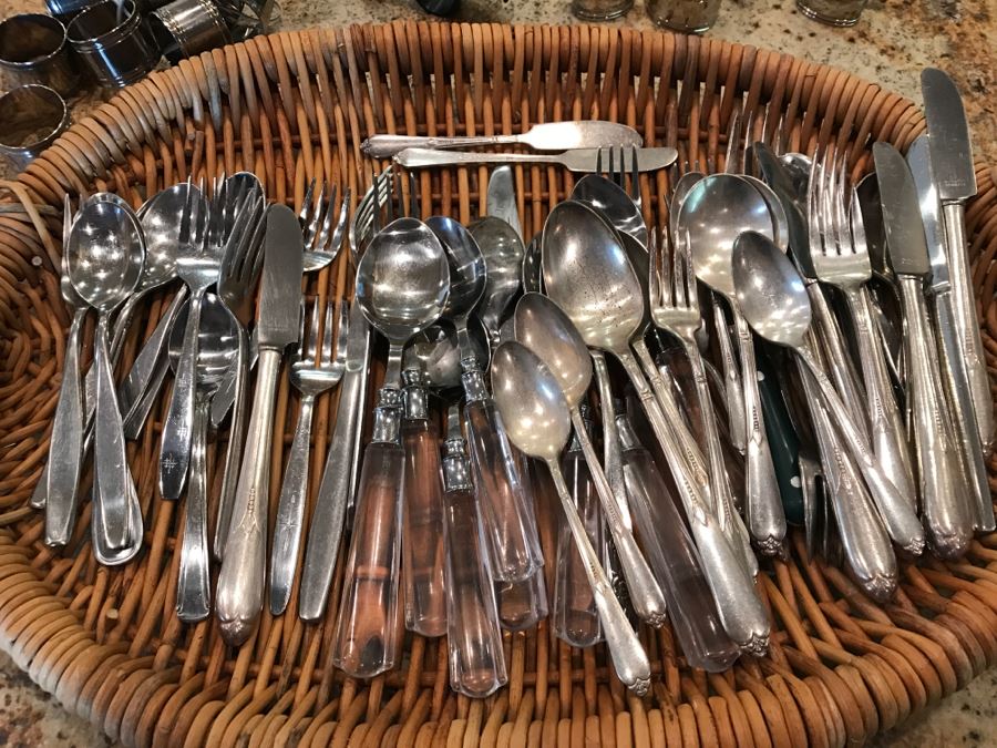 Stainless And Silverplate Flatware With Basket, Various Napkin Rings And Pair Of 3-Tier Candleabras [Photo 2]