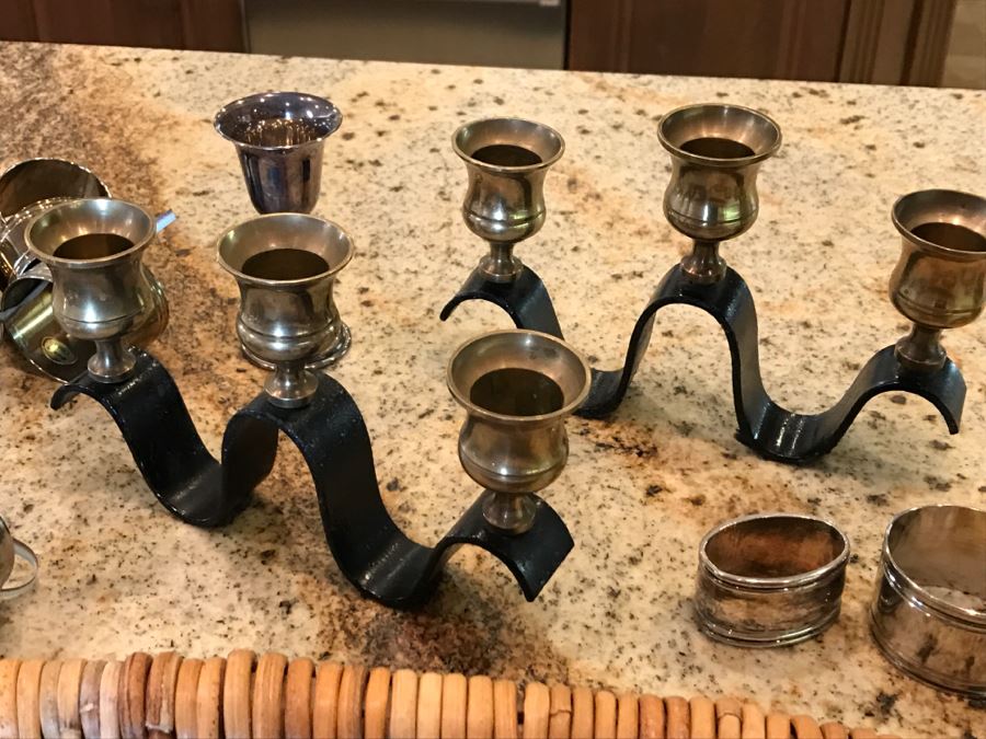 Stainless And Silverplate Flatware With Basket, Various Napkin Rings And Pair Of 3-Tier Candleabras [Photo 9]