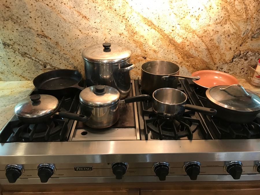 Lot Of Nice Pots And Skillets Including All-Clad, Calphalon, Revere Ware And A 10 1/2' Cast Iron Skillet - See All Photos