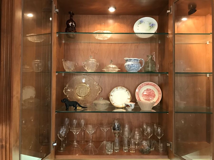 Various Items Photographed Including Dog Nut Cracker, Various Stemware, Glassware And China With Display Stands
