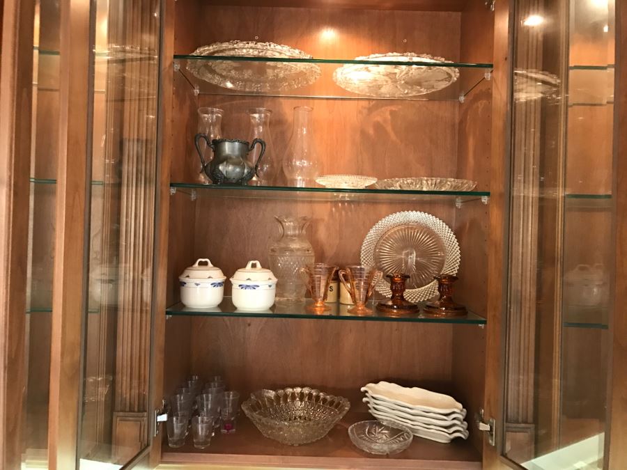 Various Items Photographed Including China, Glassware, Serving Items, Depression Glasses, Hurricanes, Candle Holders And More [Photo 1]