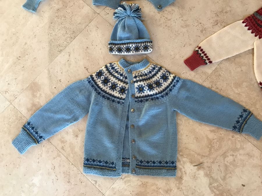 Set Of 3 Handmade Kids Ski Winter Sweaters And Caps From Norway One Label Reads William Schmidt Co Oslo Norway [Photo 3]
