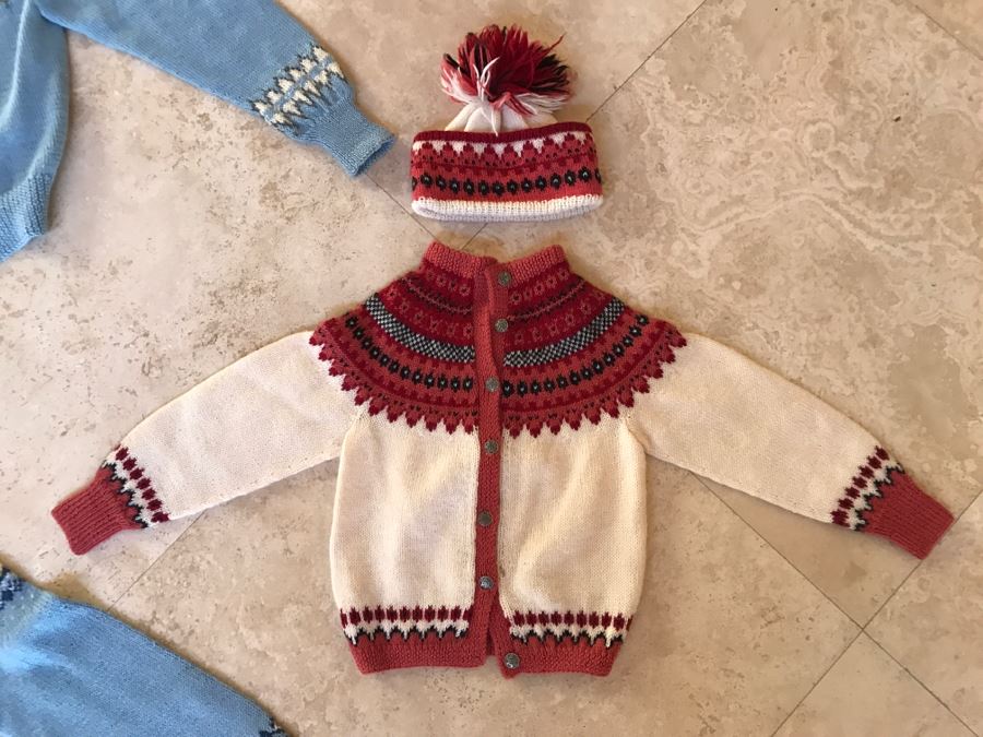 Set Of 3 Handmade Kids Ski Winter Sweaters And Caps From Norway One Label Reads William Schmidt Co Oslo Norway [Photo 10]