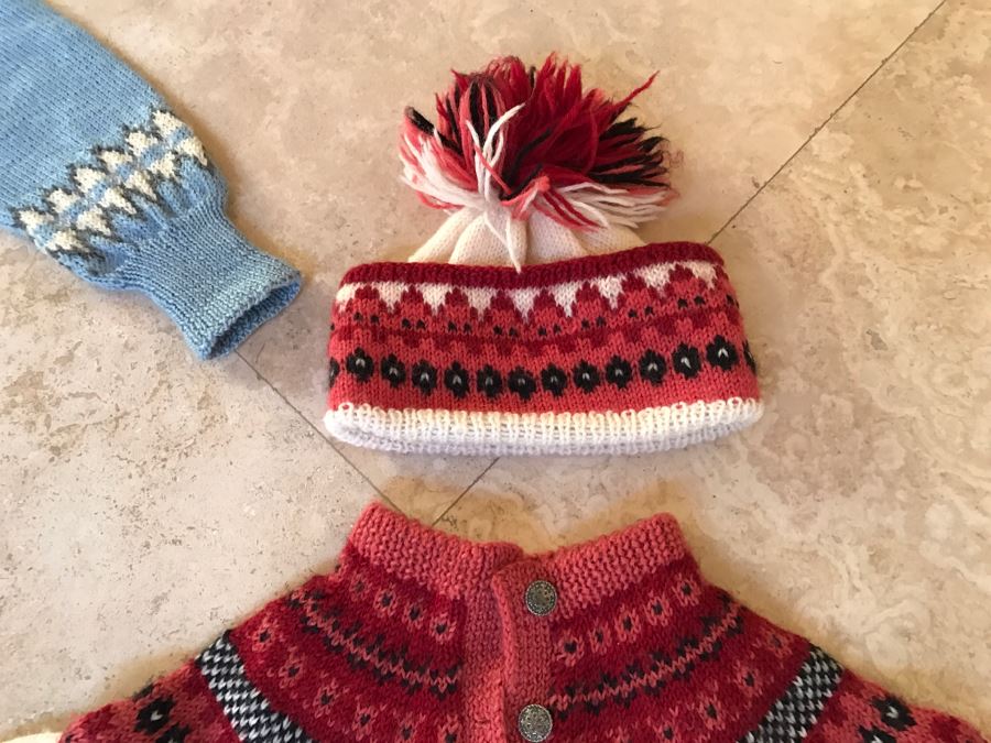 Set Of 3 Handmade Kids Ski Winter Sweaters And Caps From Norway One Label Reads William Schmidt Co Oslo Norway [Photo 13]